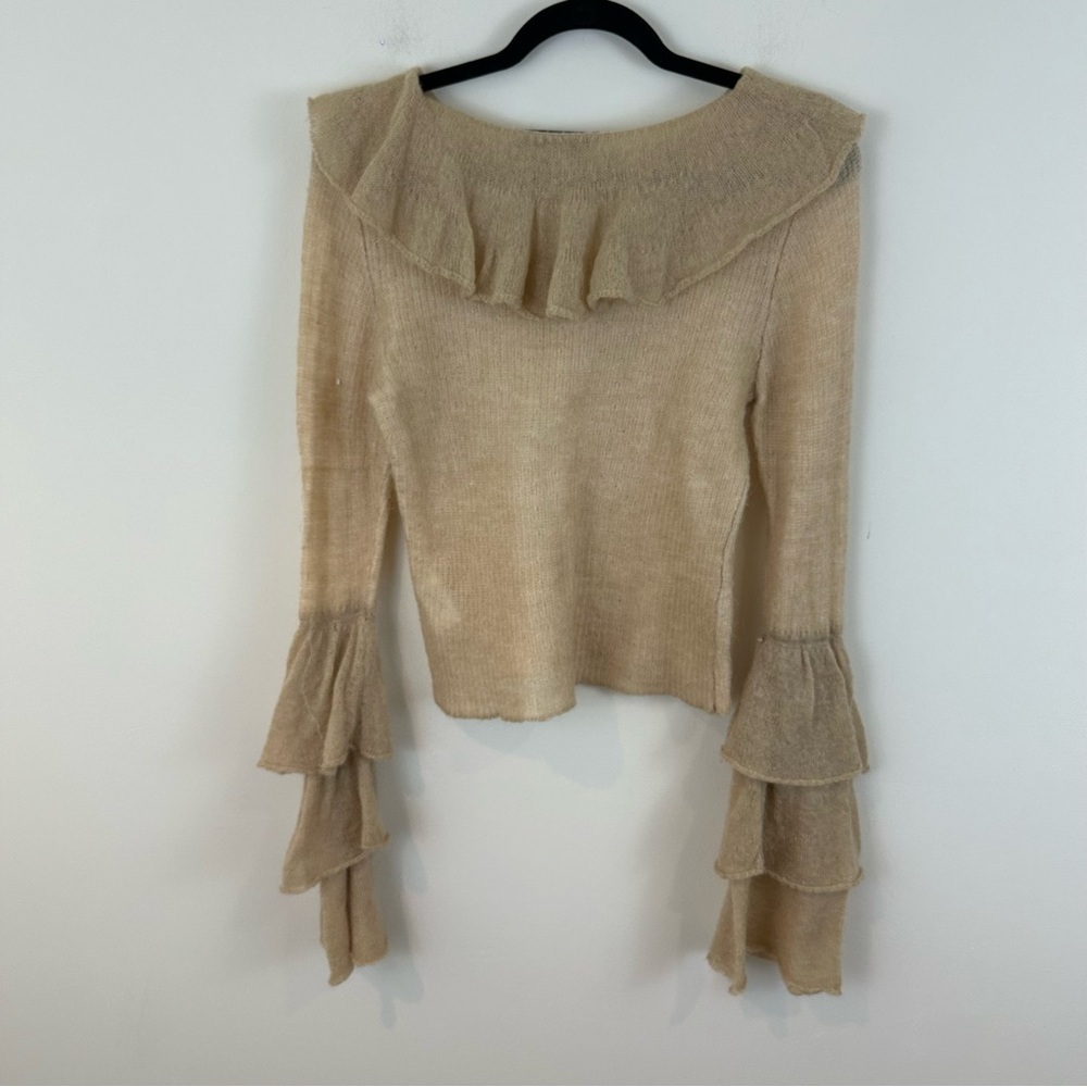 Zara Alpaca and Wool Fine Knit Sweater Large Ruffle Neck and Sleeves - Picture 7 of 7